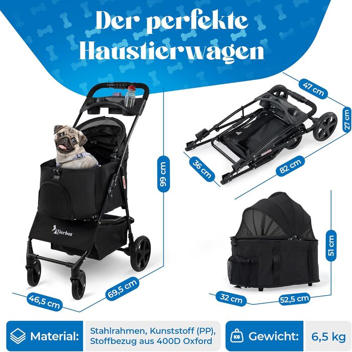 Візок для собак, складаний, з QuickFold, чорний, вантажопідйомність до 15 кг