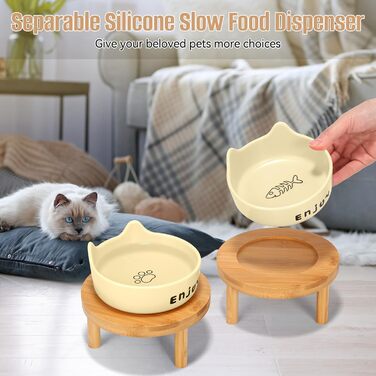 Миски для котів підняті, широкі миски з кераміки на підставці з бамбука для домашніх тварин, миски для корму або води, зручні для вусів, для маленьких собак та кошенят в приміщенні (білі (2 шт.)), (жовті (3 шт.))