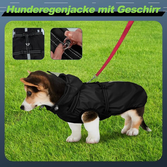 Водонепроникна куртка для собак OUOBOB з відбиваючими смугами, нагрудник H-подібної форми (D-кільце) та знімний капюшон з візором, ідеально підходить для середніх/великих собак [Неоновий зелений, розмір] Зелений (3XL, Чорний)