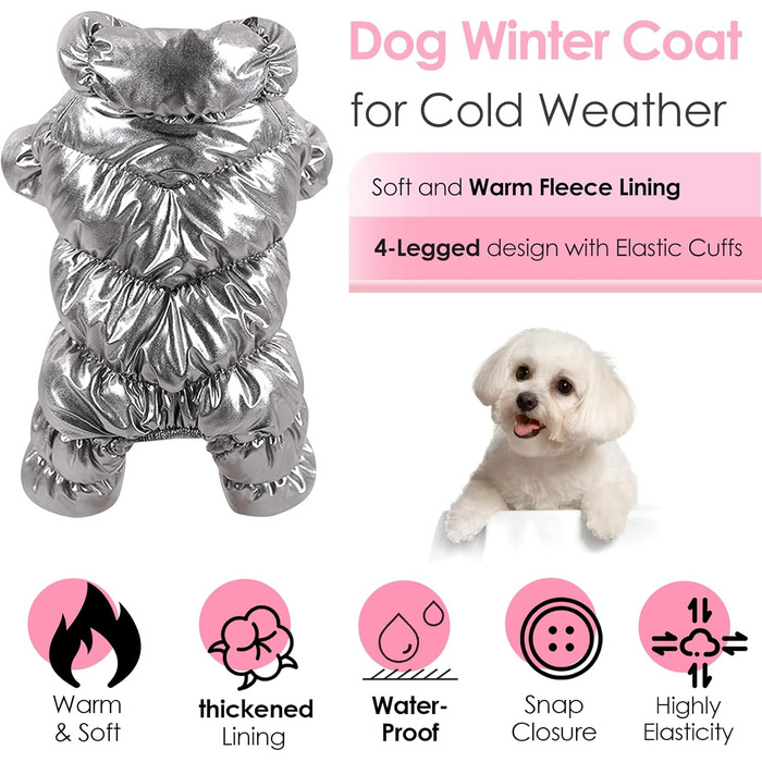 Водонепроникний зимовий одяг для собак AOFITEE, теплий пуховик, флісова жилетка, сріблястого кольору, XL (Обхват грудей 45 см, Довжина спини 36 см)