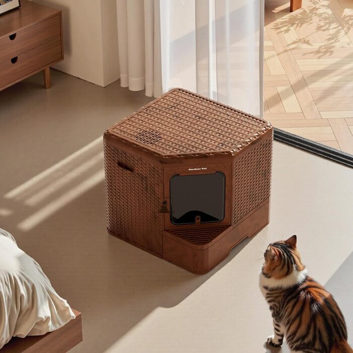 Торгова лоток для котів Gardner Pet з кришкою, великий, з висувним піддоном, сучасний дизайн плетіння ротангу, з фільтром з активованого вугілля, 50 x 50 x 50 см, базова версія