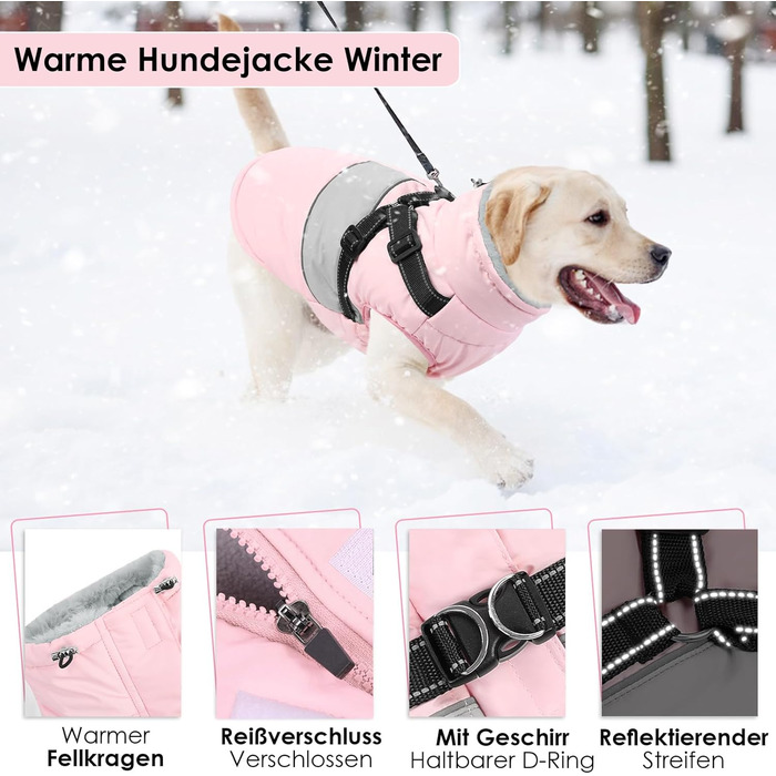 Водонепроникний теплий зимовий одяг для собак AOFITEE, рожевий XS, з шлейкою, з блискавкою та флісовою підкладкою, світловідбиваючий