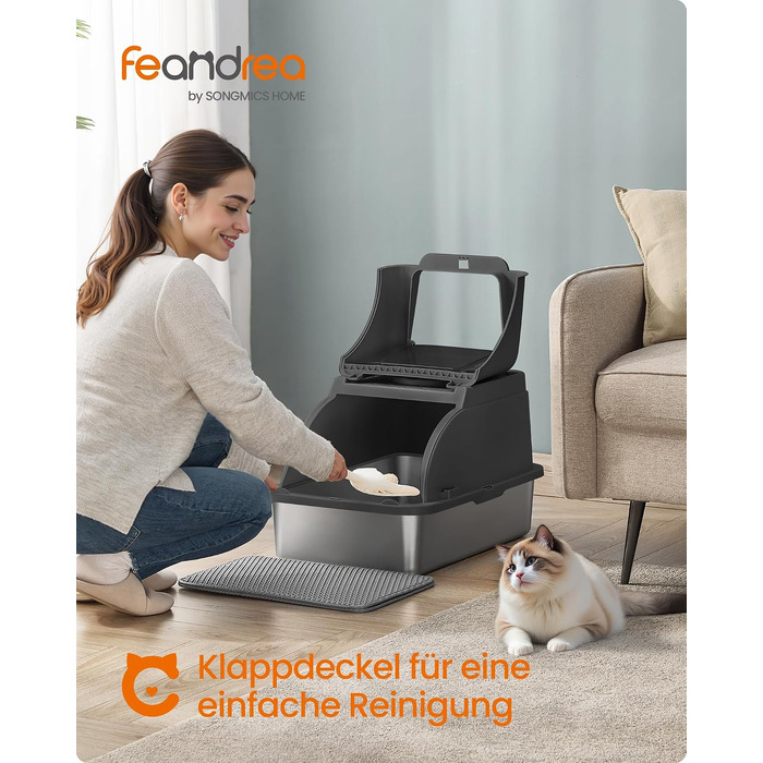 Сталевий лоток для котів Feandrea XL з кришкою, для великих котів до 15 кг, колір чорний