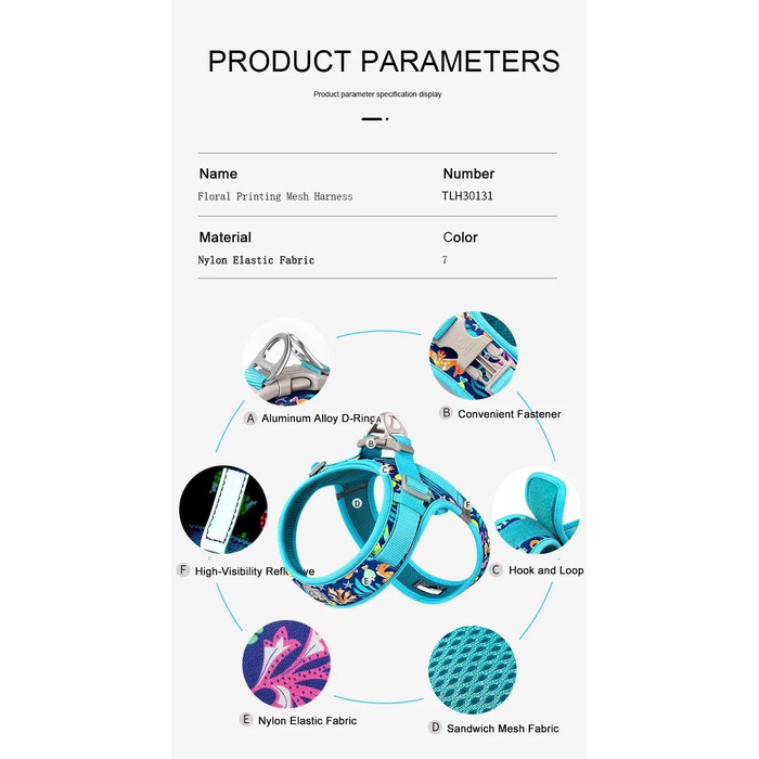 Нашийник для собак Truelove TLH30131 XS, квітковий принт, чорний, м'який, дихаючий, світловідбиваючий