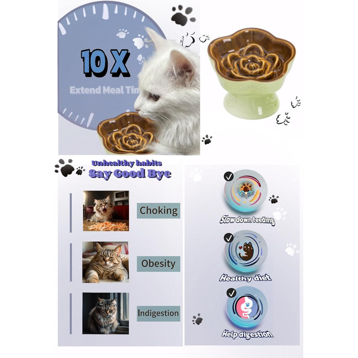 Миска для повільного годування домашніх тварин, керамічна, піднята та нахилена, для котів та маленьких собак, запобігає блювоті та удушенню (Рожева)