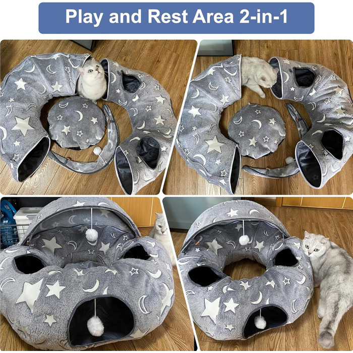Кішка ліжко з підсвіткою, великий плюшевий тунель для котів з м'ячиком, велика шуршача печера для котів, іграшка для котів, кроликів або цуценят, сірий колір + світиться в темряві