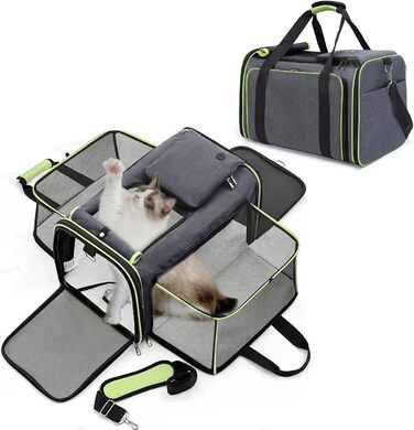 PETCUTE Складана переносна сумка для кота та собаки, дихаюча переноска для кота та собаки, сумка для собак з миючим килимком, розширювана сумка для собак з плечовим ременем, відкривання з 5 сторін сіра+зелена