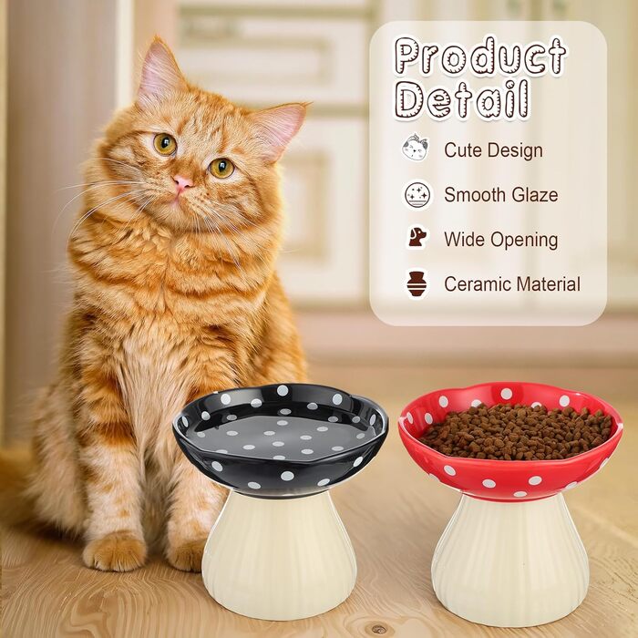 Підвищений годівниця для котів Teenyyou з кераміки, 2 шт. – годівниця для котів з вусами, широка годівниця для корму та води (червоний, чорний)