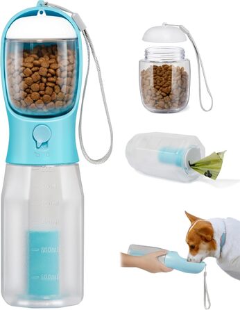 Поїлка для собак Ikusu з контейнером для корму та рулоном для відходів, виготовлена з безпечного пластику, об'єм 590 мл, блакитна