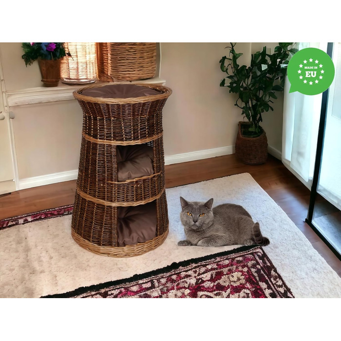 Корзина для котів для сну – котяча хатинка для дому – розмір 43 x 49 x 70 см, кругла – котяча печера з лози, трирівневе ліжко для собак або котів з пральними подушками в бежевому кольорі – лакована корзина (коричневі подушки)