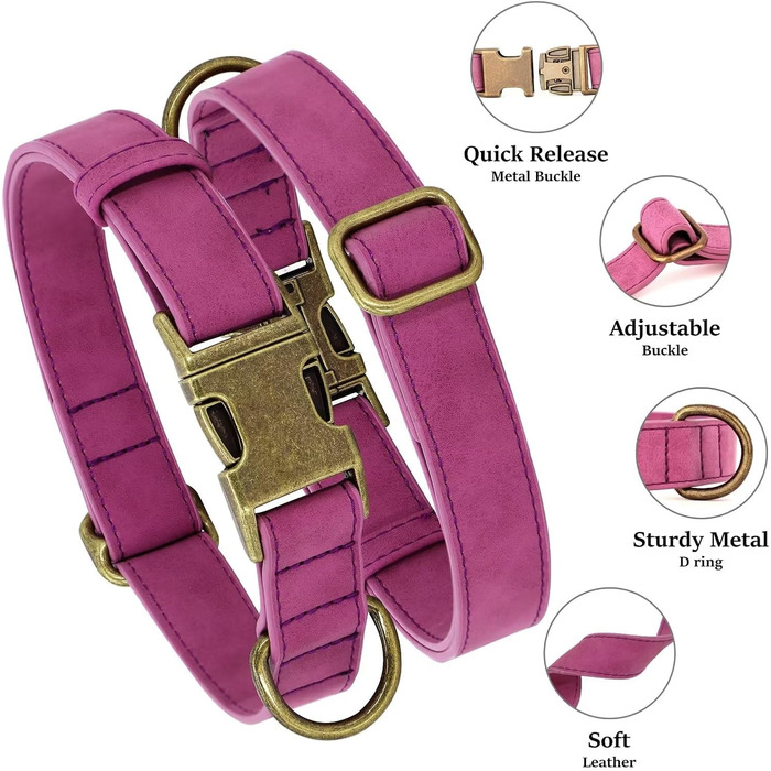 Нашийник для собак Didog з м'якої PU-шкіри, фіолетовий, розмір L (38,1-48,3 см), зручна застібка, для великих собак, для щоденних прогулянок