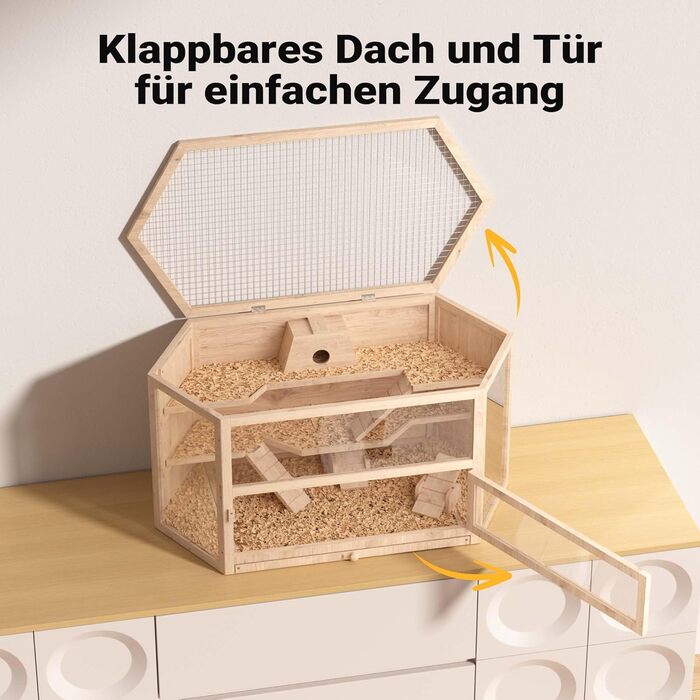 Клітка для тварин Wiltec 3-ярусна, 600x400x800 мм, дерев'яна, з відкидним дахом та оглядовим вікном, для мишей, хом'яків (116x60x59 см)