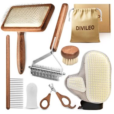 Преміум набір для догляду за шерстю з дерева - професійний набір для видалення шерсті, розплутування та стрижки нігтів для собак, котів та дрібних домашніх тварин - подарункова коробка з 10 частинами та канвасною сумкою