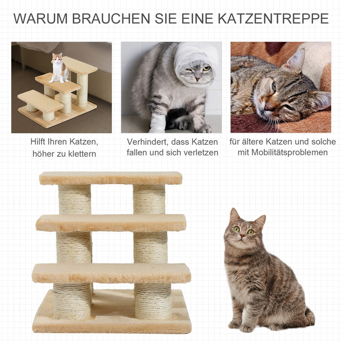 PawHut Cat сходи для старих котів з артритом, висота сходинки 11см, сходи для собак і кішок, плюшеві, кремовий колір