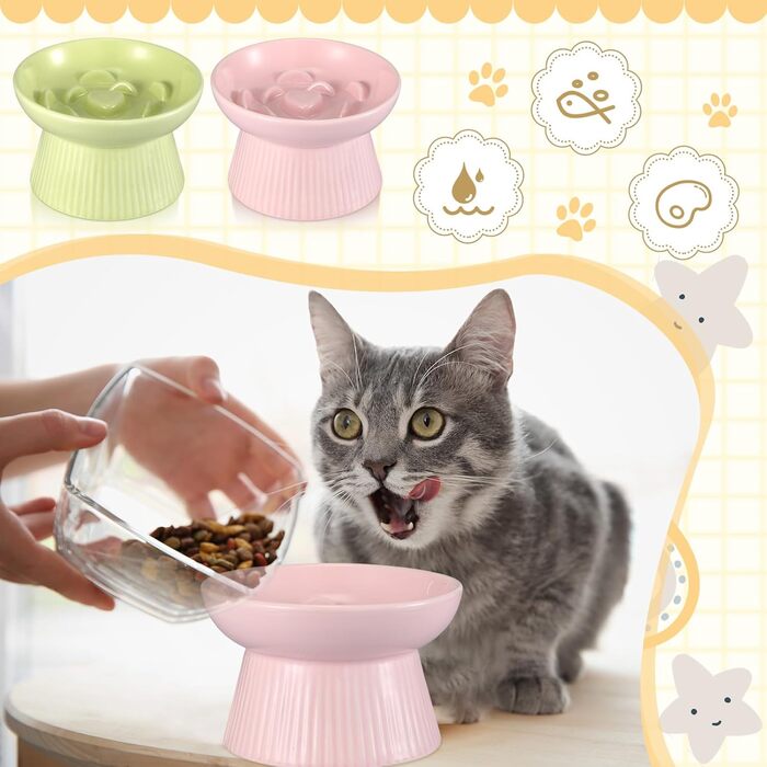 Підвищені миски для котів Layhit з кераміки, проти блювоти, повільне годування, для сухого та вологого корму, кошенята, 2 шт. (зелений, рожевий)
