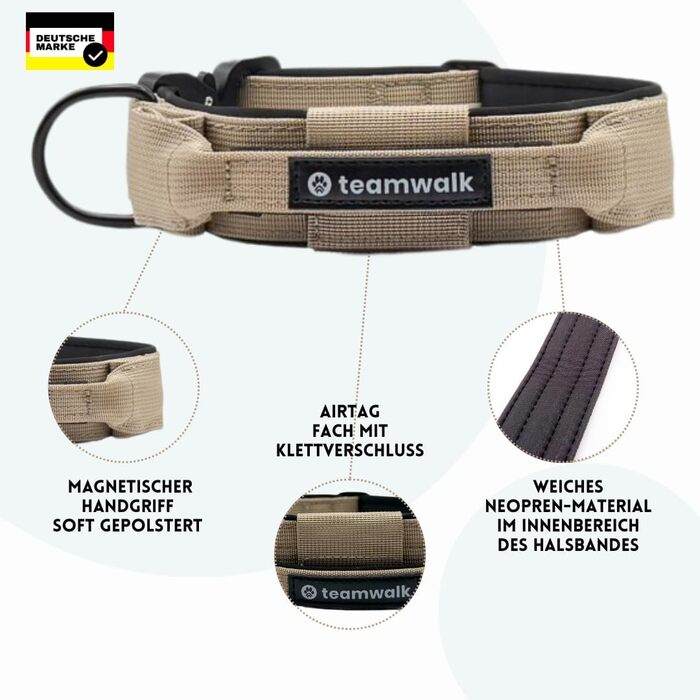 Преміум нашийник для собак з магнітною застібкою, світловідбиваючими смугами, кишеню для AirTag, індивідуальне регулювання, м'яка підкладка, міцна застібка, з лінією в комплекті, розмір M (обхват шиї 50 см), бежевий