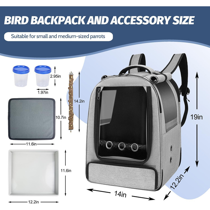 Рюкзак-переноска для птахів Vogel-Rucksack з лотком, жердочкою та годівницею, водонепроникний килимок, сірий, для папуг та середніх птахів
