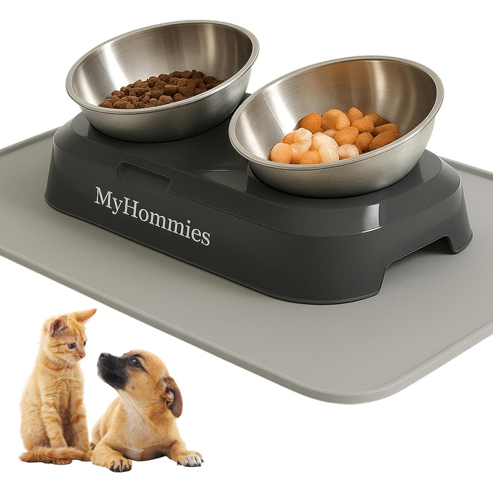 Миска для котів та собак з нержавіючої сталі з нахилом 15°, антиковзаюча, з двома мисками