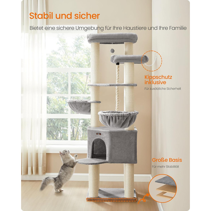 Декілька поверхів, великий котячий будиночок Feandrea, XXL, 55 x 55 x 186,7 см, товсті сизалеві стовпи (11 см), для великих котів (наприклад, мейн-кун), сірий та чорний котячий будиночок, PCT008G02