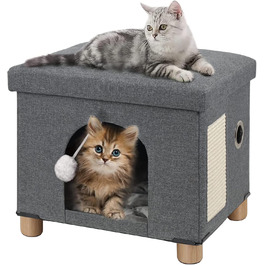 Складане котяче ліжко BRIAN & DANY для дому, великий куб-будиночок для котів із кігтеточкою та м'ячиком, 45x37,6x38,1 см, сірий
