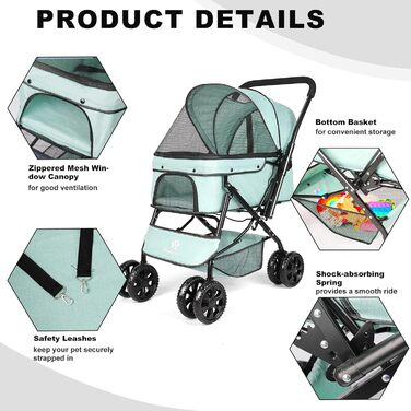 Візок для собак Wedyvko до 20 кг, 4 колеса, складний, для маленьких та середніх собак/кішок, з кошиком для зберігання та тримачем для напоїв, зелений