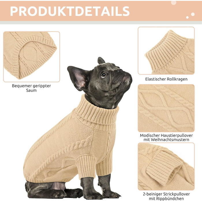 Світер для собак Queenore, маленький розмір, для такс, французьких бульдогів, чихуахуа, коргі (M, абрикосовий)