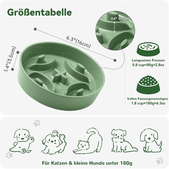 Керамічна миска від проковтування для маленьких собак - протиковзаюча миска для собак та котів - підходить для сухого та вологого корму - 180г (Small, Зелений)