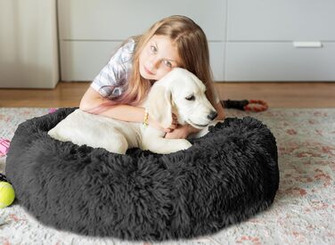 Кругле ліжко для собак та котів 60 см - М'яке, пухнасте ліжко з піднятими бортиками - Нековзний низ - Силіконова наповнювач для комфорту та тепла - Легке у догляді - (графіт)