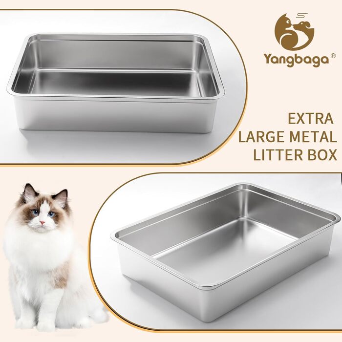 Yangbaga туалет для котів з нержавіючої сталі 70x50x15 см, міцний лоток для великих котів і кроликів, сріблястий