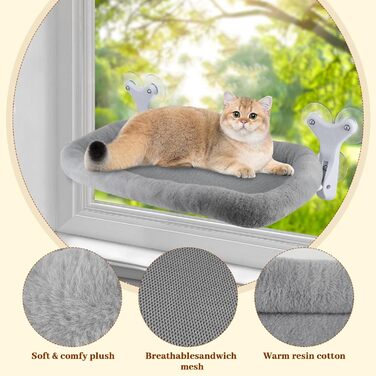 Віконна лежанка для котів Sprifityy XL, з міцними присосками, складане котяче ліжко-гамак на вікно, сіра, витримує до 23 кг