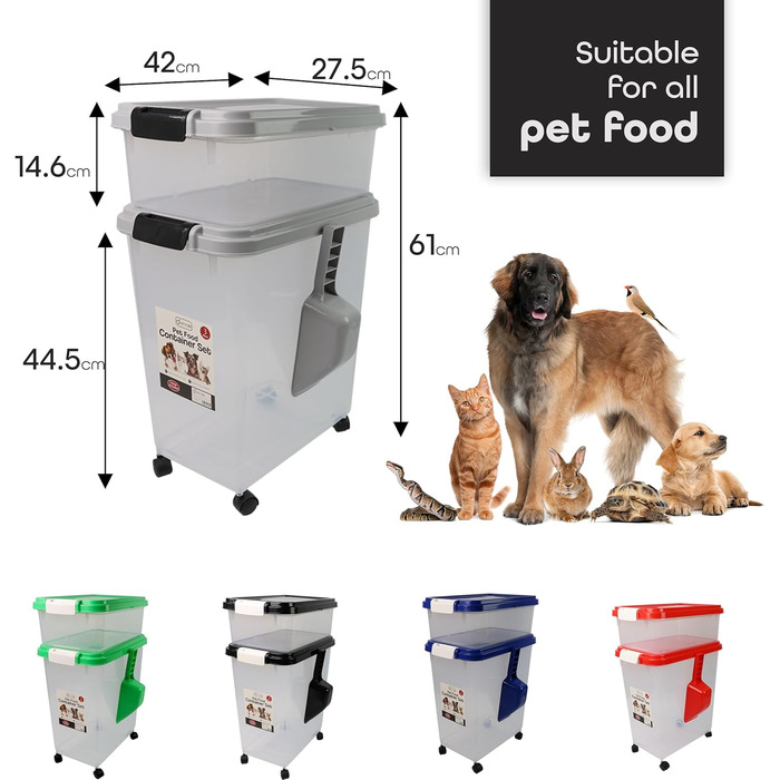 DIVCHI Контейнер для зберігання корму для тварин 3в1 з мірною ложкою, сірий. Підходить для собак, котів та інших тварин. Герметичний, з роликами, для сухого корму