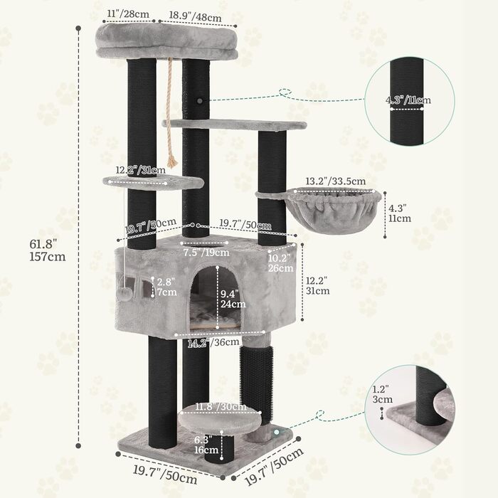 Котячий комплекс YITAHOME для великих котів, когтеточка, будиночок, платформа, 157 см, сірий