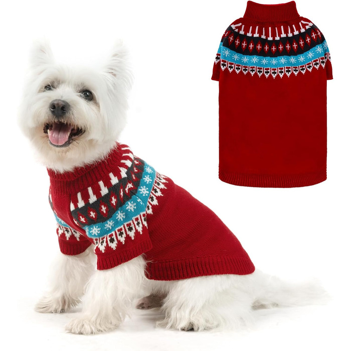 Пуловер для собак EXPAWLORER Fair Isle з візерунком Fair Isle - стильний светр, кофта для цуценят, маленьких, середніх та великих собак, з високим коміром, червоного кольору, розмір M