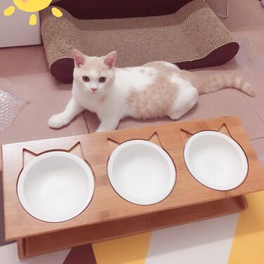 Набір мисок для котів і собак Petsoigné, 3 шт., кераміка та нержавіюча сталь, з дерев'яною підставкою, для котів всіх вікових груп і цуценят