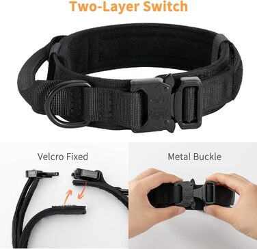 Нашийник для собак регульований з контролем, тактичний нашийник з нейлону, з м'якою підкладкою, з металевою застібкою, для середніх та великих собак, для полювання, тренувань, активного відпочинку, чорний, розмір L (45-54 см)