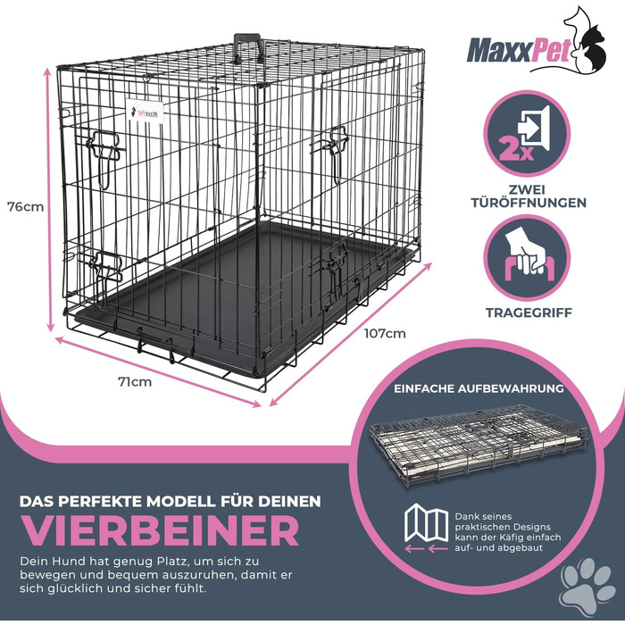 MaxxPet Клітка для собак XL металева, складна, з двома дверима, подушкою та поїлкою, для великих порід, чорна, 107x71x76 см, для дому та вулиці