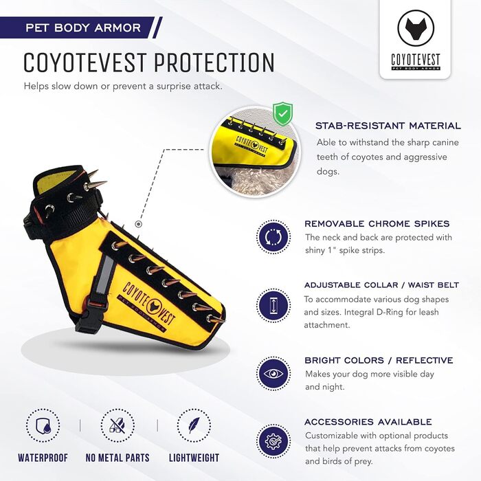 CoyoteVest захисний жилет-шлея для собак з шипами, від хижаків, відображаючий, розмір S, королівський синій, зроблено в США