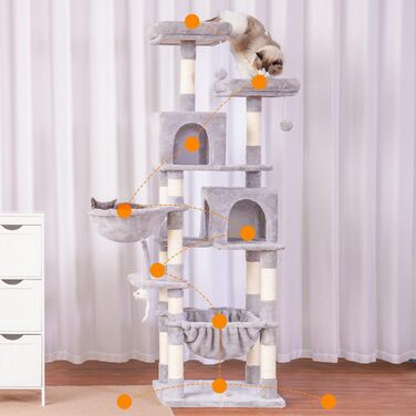 Котячий комплекс Heybly 178 см для домашніх котів, світло-сірий – ігровий будиночок, лежак, підвішена гамак та стовпи з сизалю для точіння кігтів