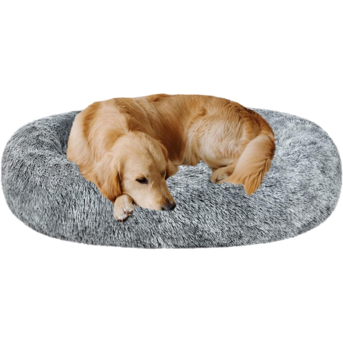 Coohom Овальне заспокійливе ліжко для собак у вигляді пончика, штучне хутро, ліжко для котів, миється, кругла подушка, ліжко для домашніх тварин (76,2 см/91,4 см/109,2 см) для маленьких та середніх собак (XXL (109,2 x 86,4 x 20,3 см) сірого кольору