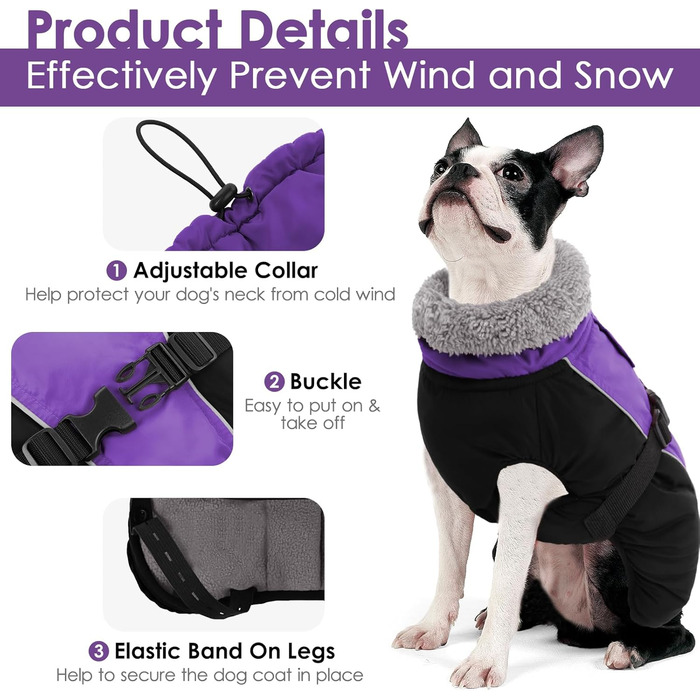 Теплий зимовий одяг для собак AOFITEE з коміром-гетром, для маленьких, середніх та великих собак (3XL, фіолетовий)