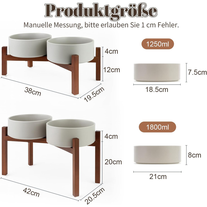 Миска для собак SpunkyJunky з кераміки, подвійна, піднята на підставці з акації, 1800 мл, сіра