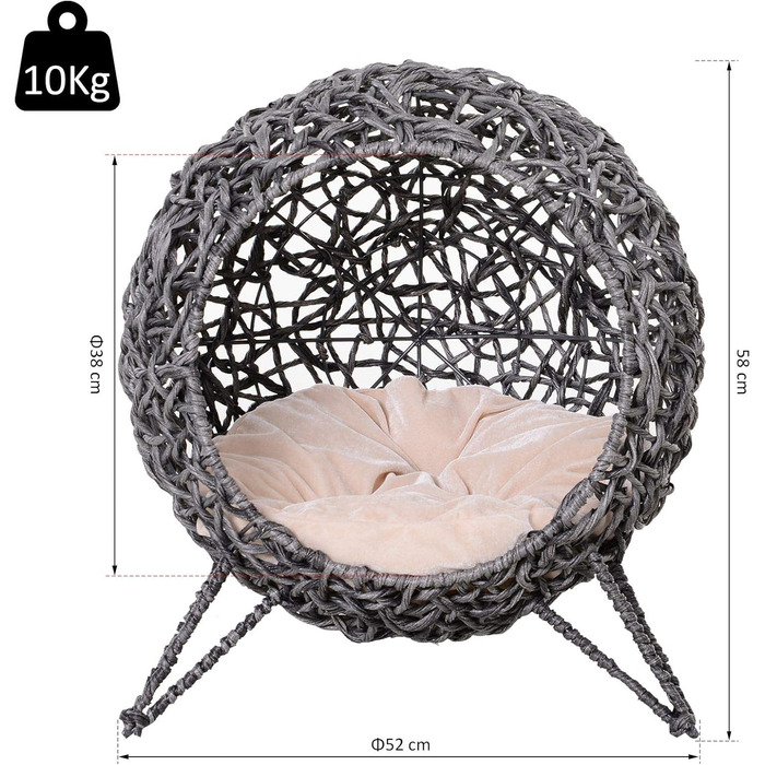 Павучий дім для котів PawHut з ротангу з подушкою, котячий будиночок, котяча печера з піднятими ніжками, сріблясто-сірий, Ø52 x 58 см