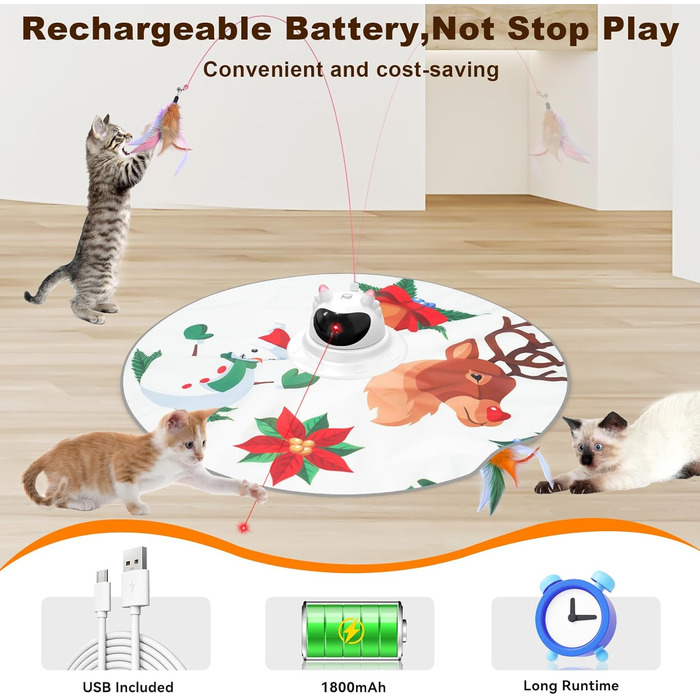 Інтерактивна іграшка для котів 3-в-1 Spessn: хованки, пір'я, лазерний вказівник. Перезаряджувана, для котів будь-якого віку. Біло-червоний дизайн (новорічний стиль)