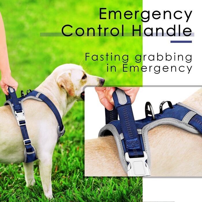 Шлейка для собак ThinkPet проти тяги, дихаюча, з ручкою, світловідбиваюча, регульована, для середніх та великих собак, застібка ззаду/спереду для зручного контролю, L, Темно-синій L (Обхват грудей: 19'-30'), Темно-синій