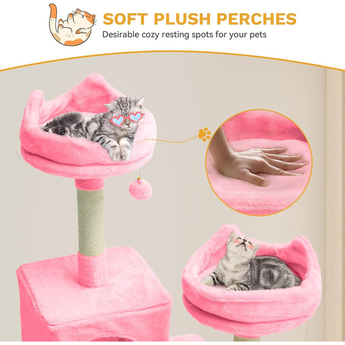 Кігтеточка YITAHOME для котів, велика, 190 см, з 8 стовпів з сизалю, 3 платформи, 2 печери, кошик, гамак, м'ячики, дошка для шліфування кігтів, рожева