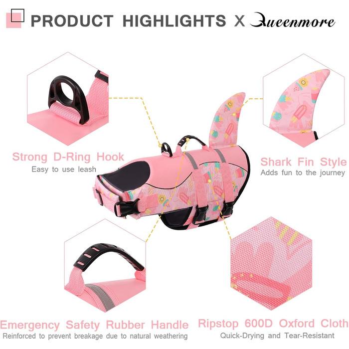 Жилет рятувальний для собак Queenmore, XXL, BabyRosa, водонепроникний, для великих собак