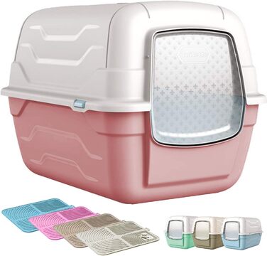 Лотку для котів з кришкою, з дверцятами та фільтром, 52x40x40 см, рожевий + кремовий матовий