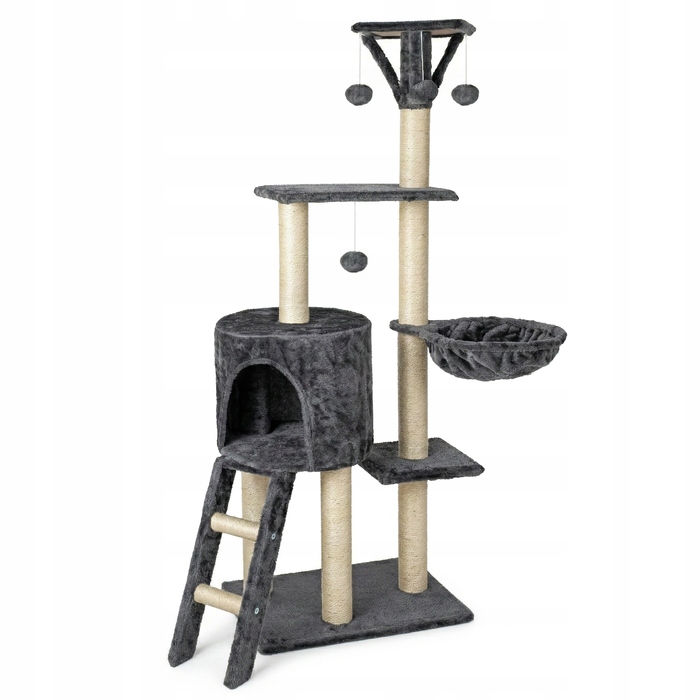 Високий кігтеточка-комплекс для котів Be-Active.pl, сірий, 144 см, з будиночком та гамаком, сизаль