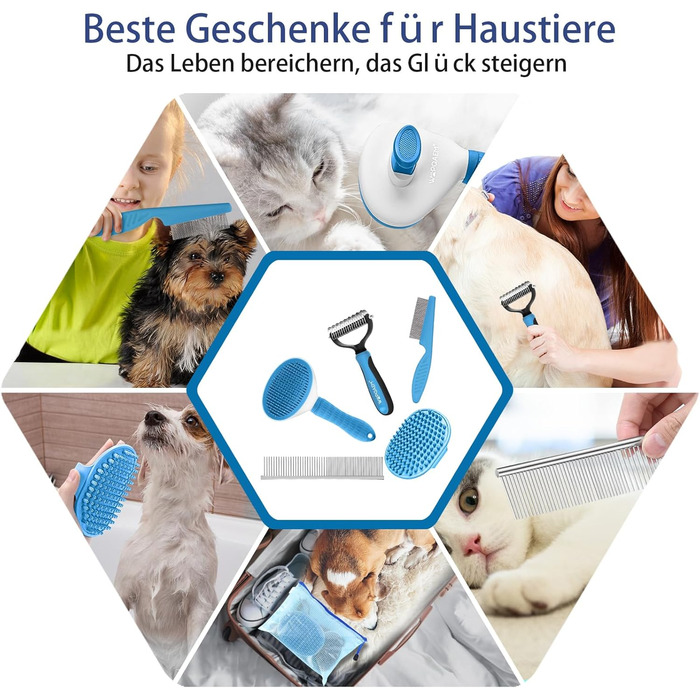 Набір щіток для собак, 5 шт., для грумінгу, самоочищувані, для великих та середніх собак, котів та дрібних тварин, для довгої та короткої шерсті, зменшує випадання шерсті, блакитний