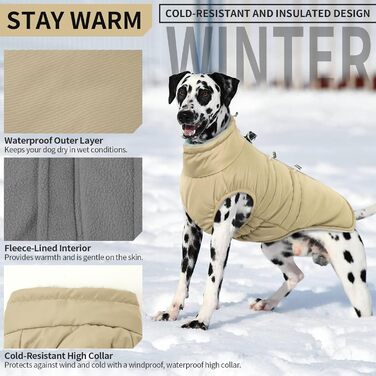 Водонепроникний теплий зимовий одяг для собак - куртка-манжетка з отвором для шлейки, армійський камуфляж, для собак маленьких, середніх та великих порід, з світловідбиваючими смугами, блискавкою (S, Абрикосовий)